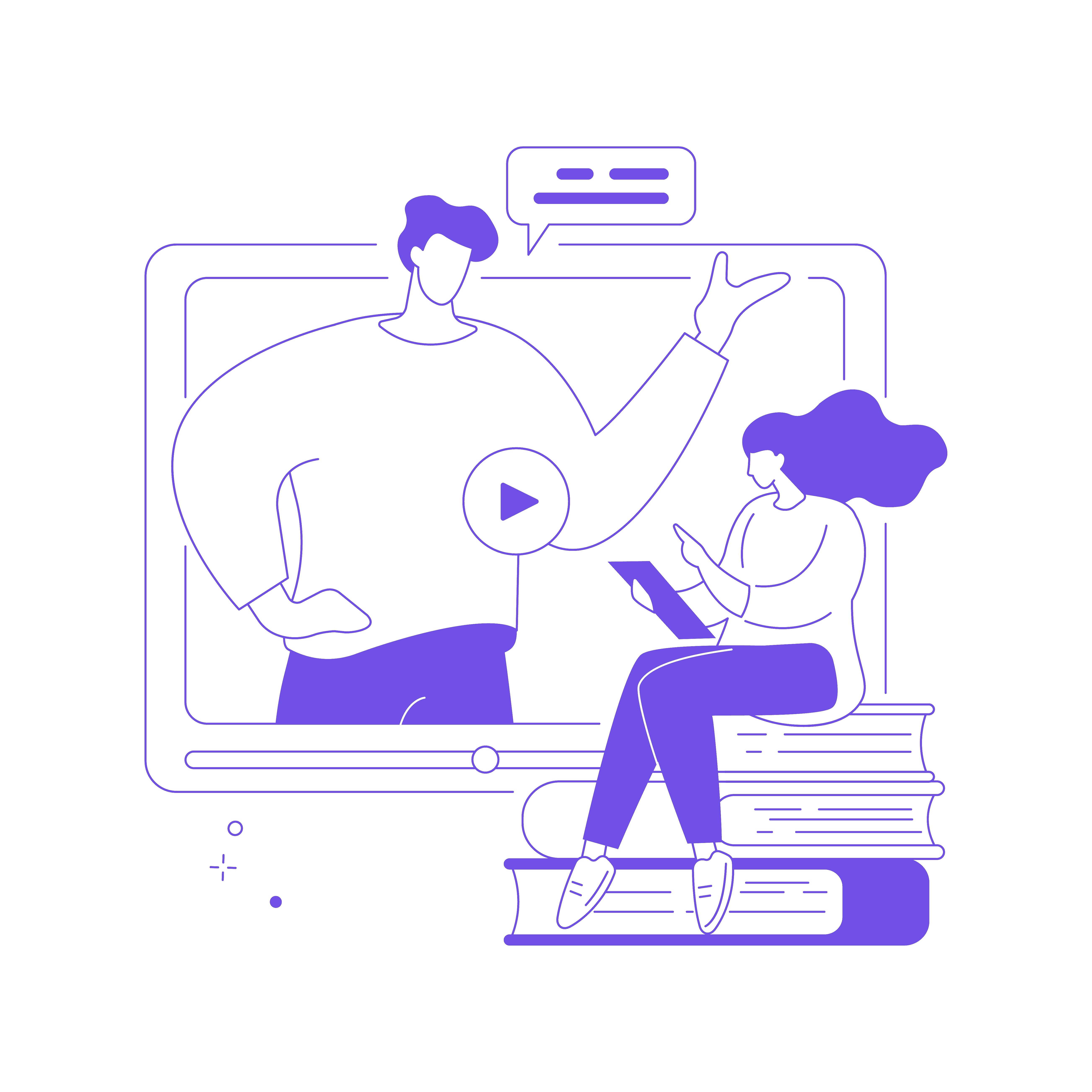 Illustration of a student learning from a recorded lecture with study materials